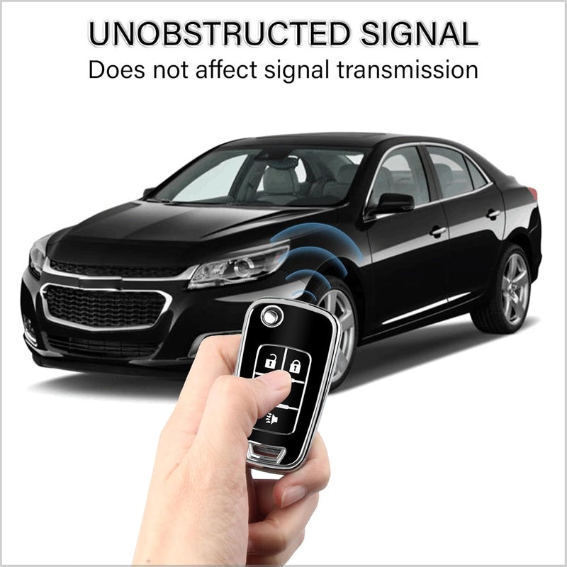 QBUC for Chevy Key Fob Cover With Keychain Chrome Trim Soft TPU Compatible with 2010-2019 Chevrolet Chevy Equinox Malibu Impala Cruze Sonic 4 Button(Chrome Trim Black) - Image 5
